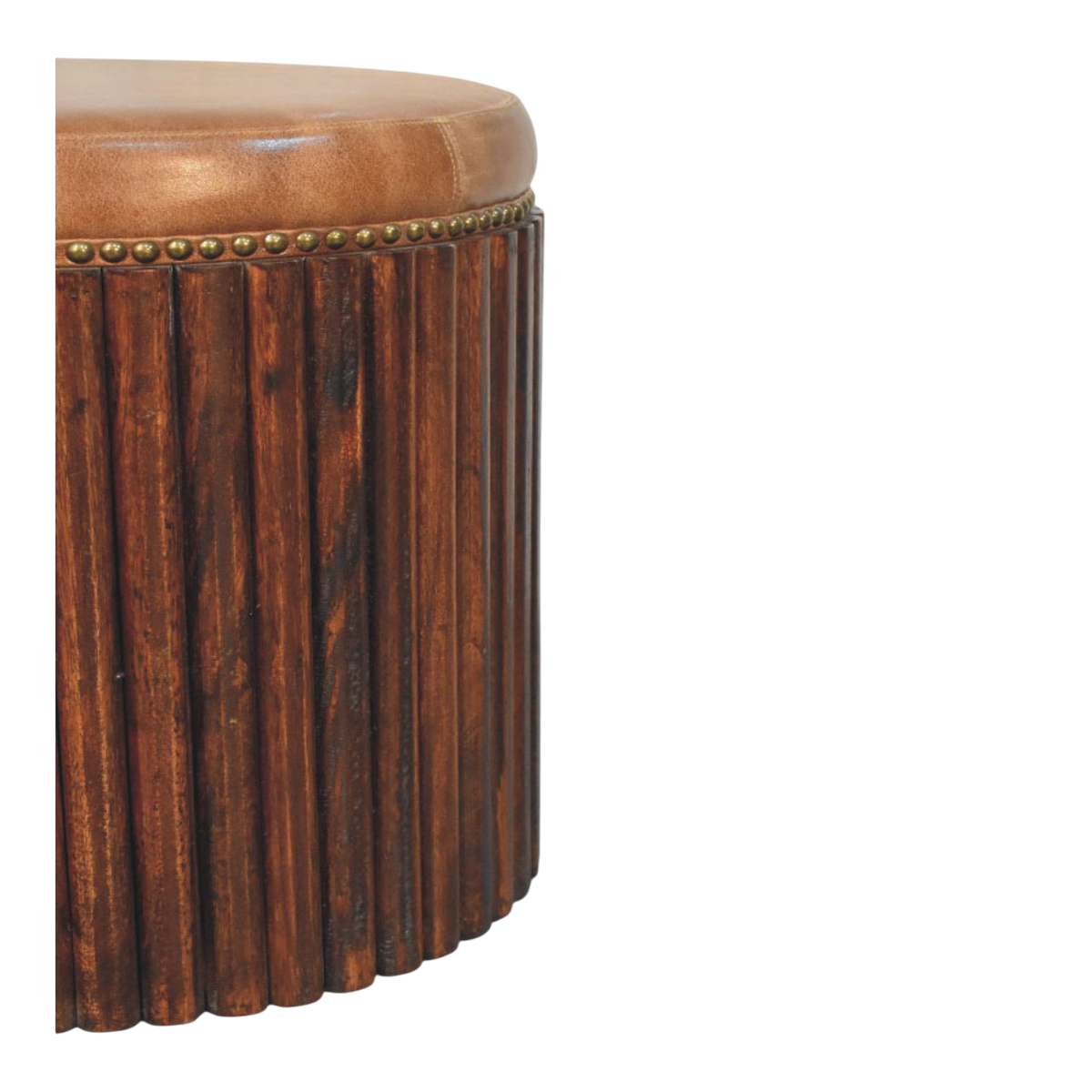 Sussex Ribbed Leather Stool in Tobacco, side view showing the depth.