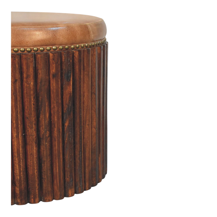 Sussex Ribbed Leather Stool in Tobacco, side view showing the depth.