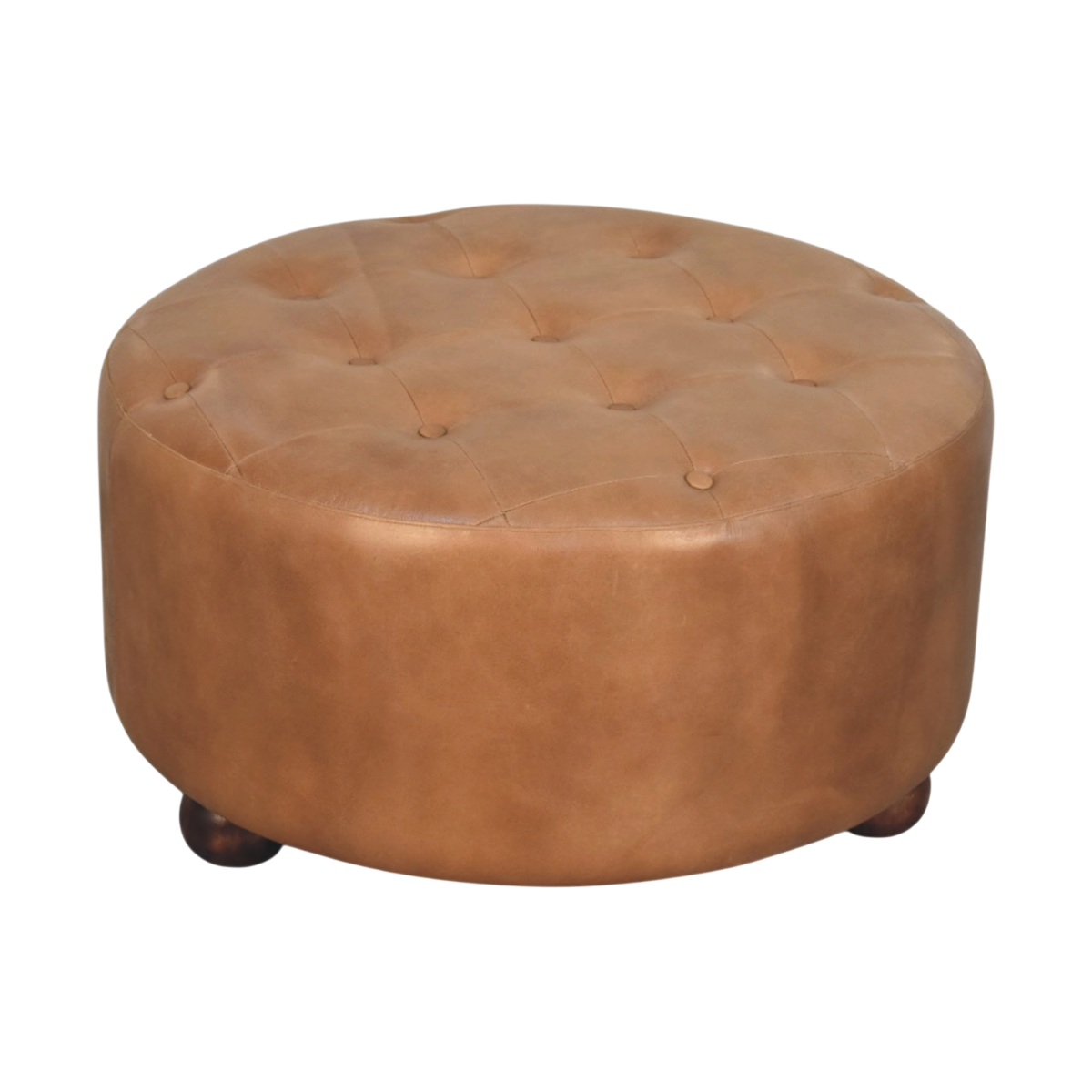 Sussex Round Leather Ottoman in Burnt Caramel, three-quarter view showing the full profile.