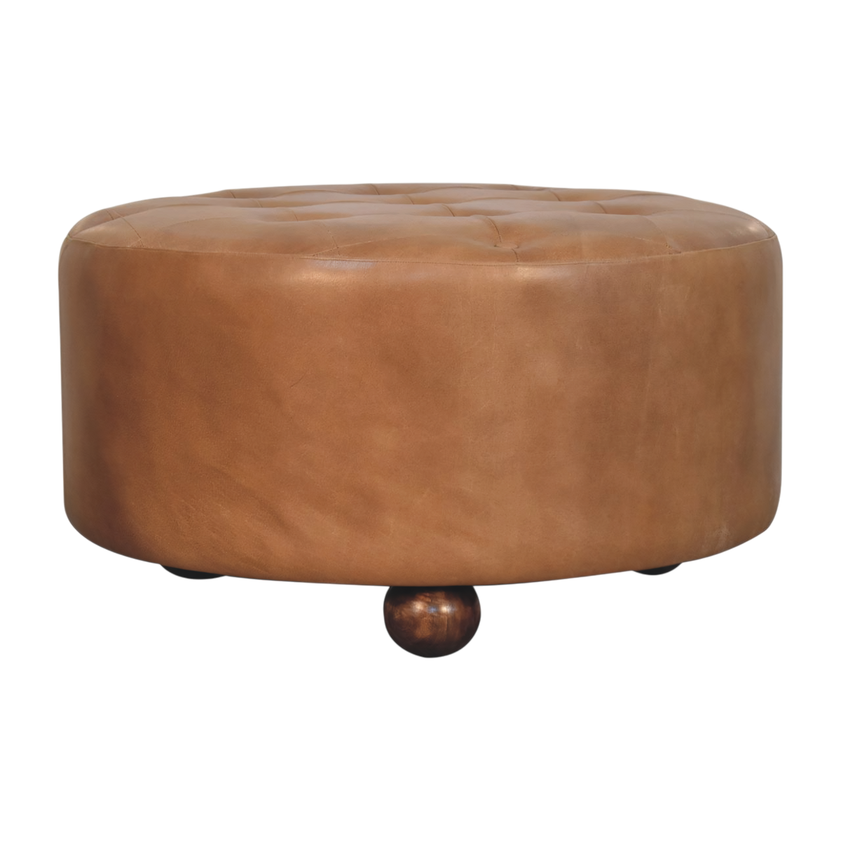 Sussex Round Leather Ottoman in Burnt Caramel, side view showing the depth.