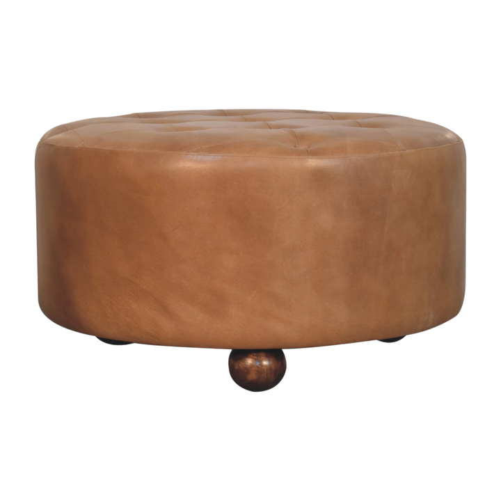 Sussex Round Leather Ottoman in Burnt Caramel, side view showing the depth.