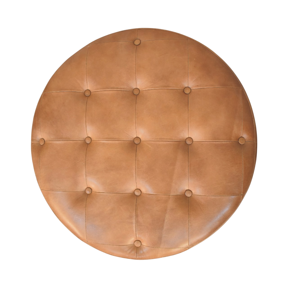 Sussex Round Leather Ottoman in Burnt Caramel, shown from above.