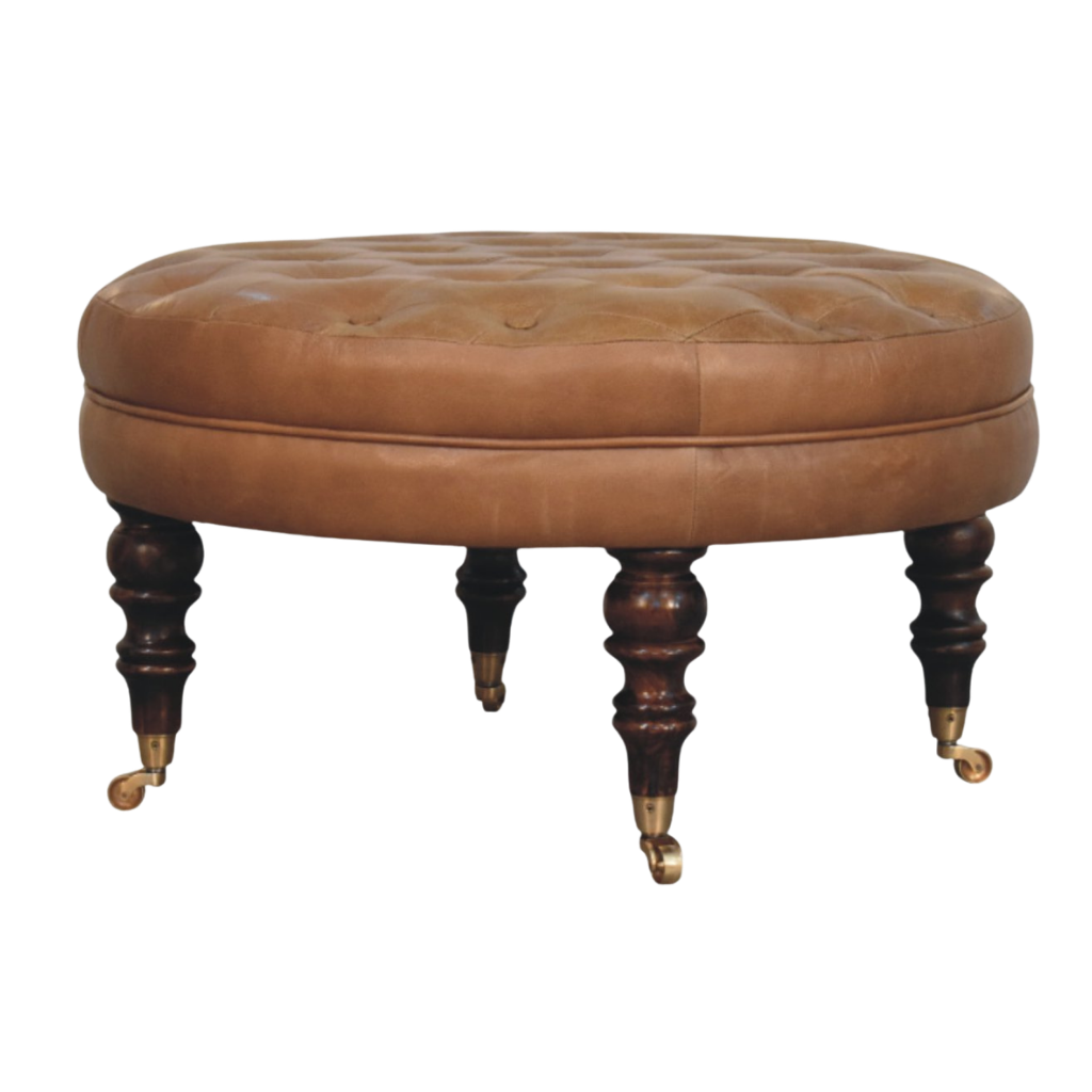 Sussex Round Leather Ottoman in English Toffee, side view showing seat height and leg splay.