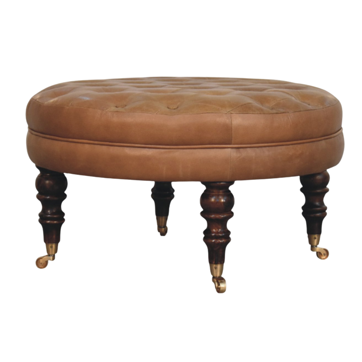 Sussex Round Leather Ottoman in English Toffee, side view showing seat height and leg splay.