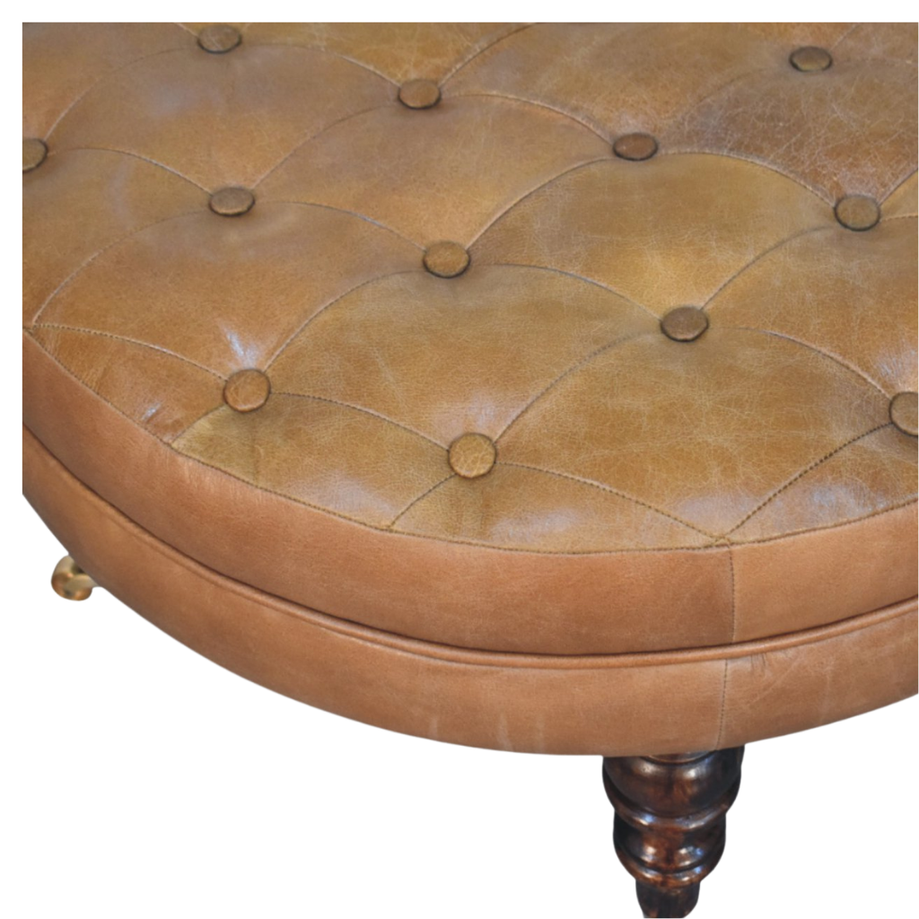 Sussex Round Leather Ottoman in English Toffee seen from above, showing the stitched leather top.