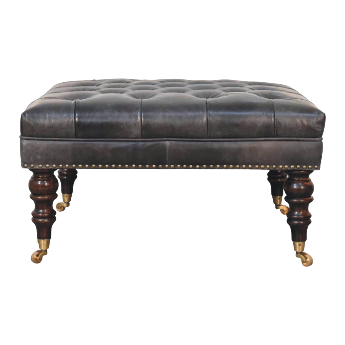 Sussex Square Leather Ottoman in Espresso, front view. Espresso leather with stud detailing on turned legs.