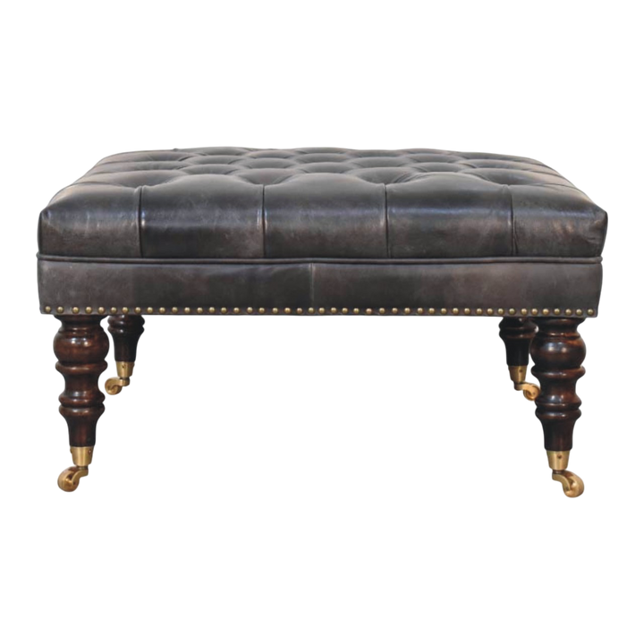 Sussex Square Leather Ottoman in Espresso, front view. Espresso leather with stud detailing on turned legs.