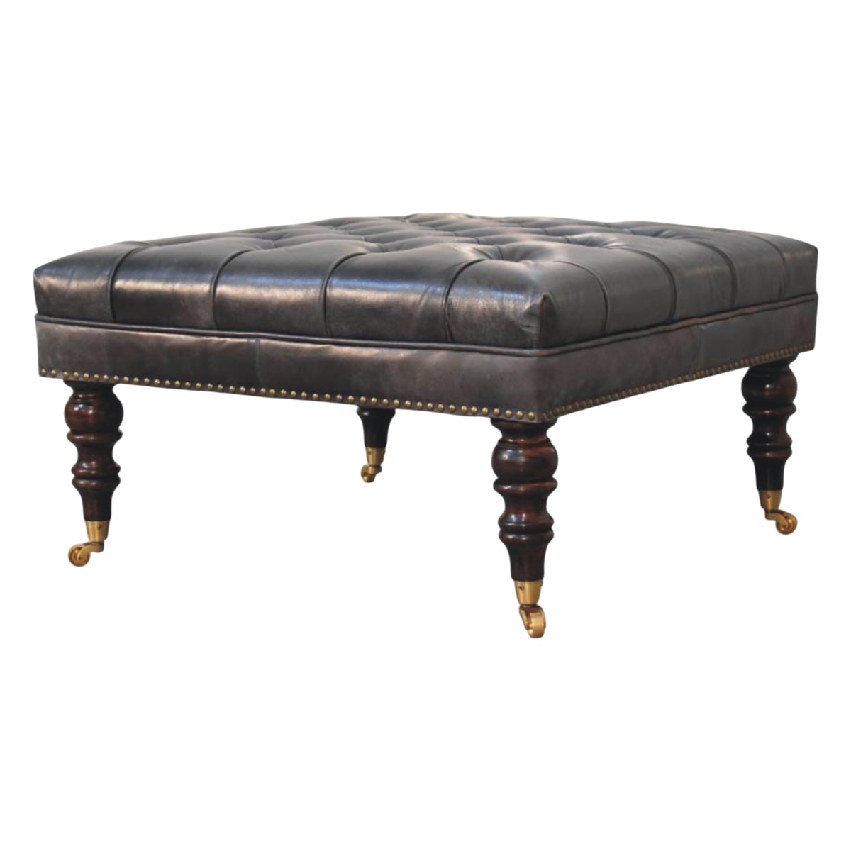Sussex Square Leather Ottoman in Espresso, three-quarter view showing the full profile.