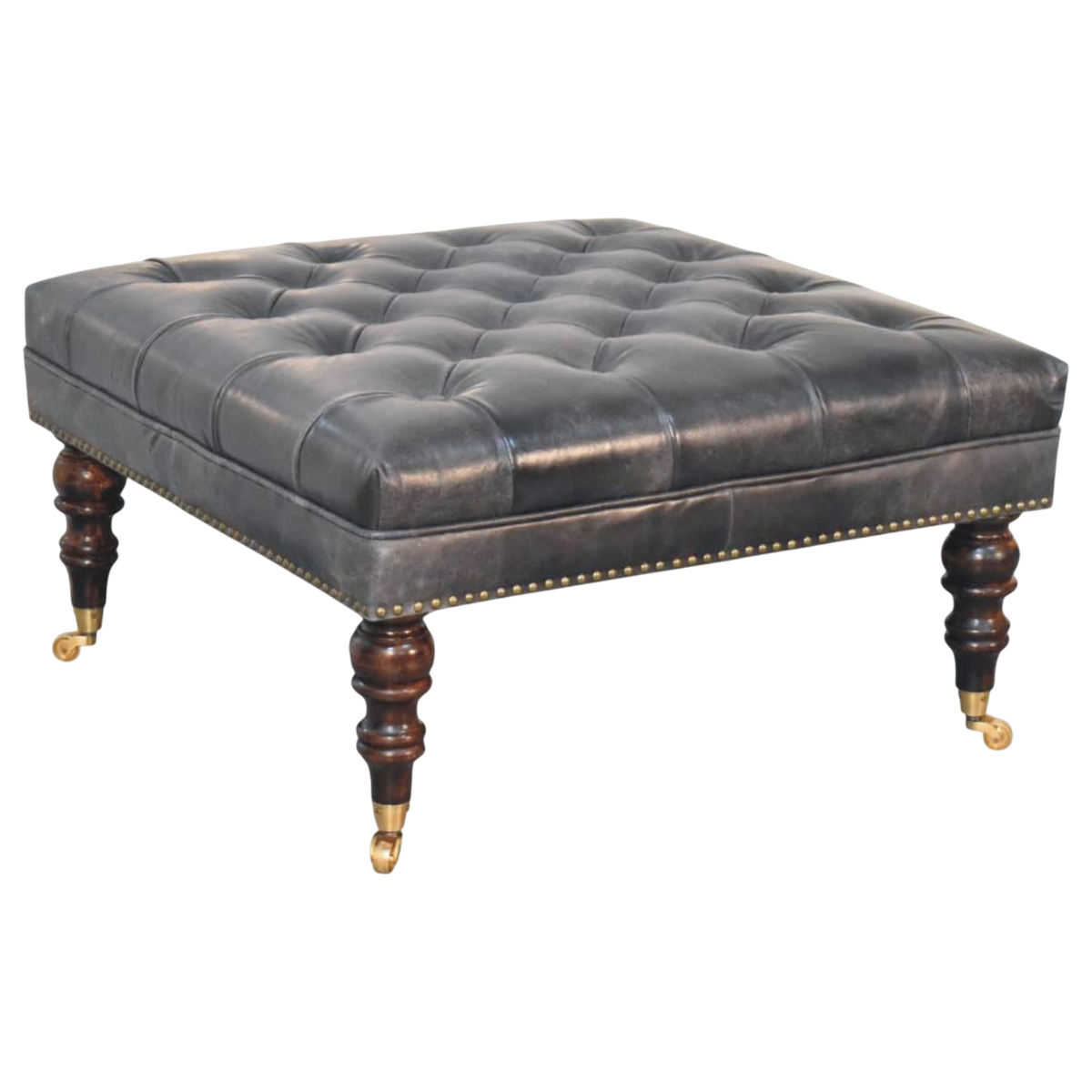 Sussex Square Leather Ottoman in Espresso, raised three-quarter view showing the top surface.
