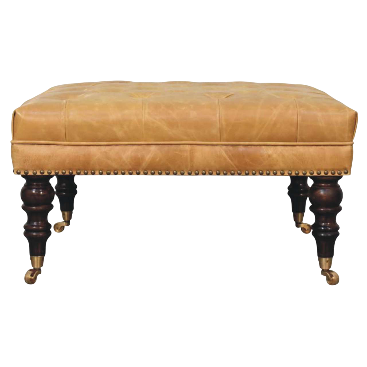 Sussex Square Leather Ottoman with Nailheads in Blonde Saddle, front view. Blonde saddle leather with stud detailing on turned legs.