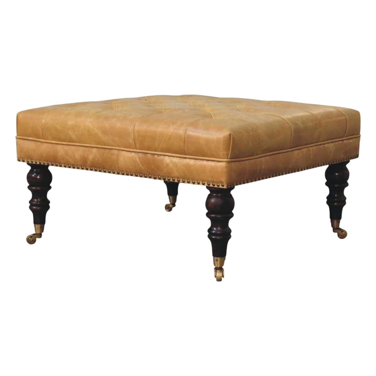 Sussex Square Leather Ottoman with Nailheads in Blonde Saddle, three-quarter view showing the full profile.