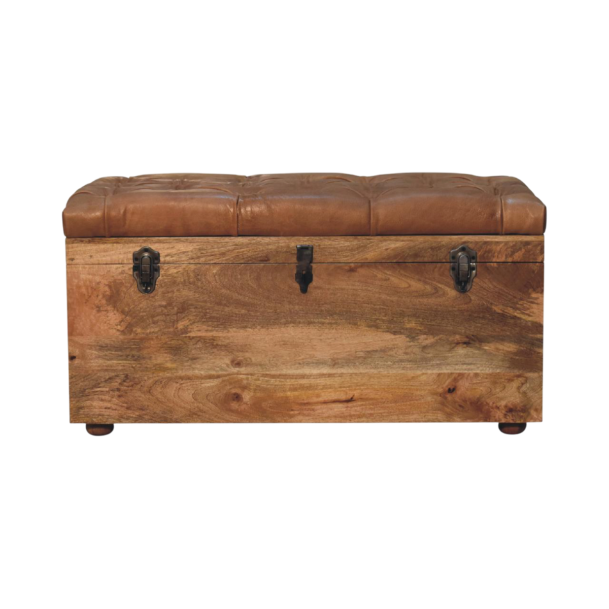 Sussex Storage Trunk in Amber with Tobacco Leather, front view. Tobacco leather over a 100% solid hardwood body in a warm amber finish, deep-buttoned lift-up lid.