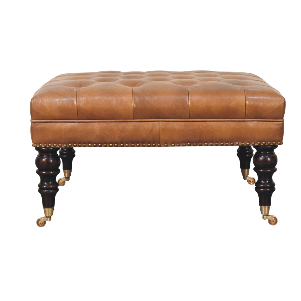 Sussex Studded Leather Ottoman in Blonde Saddle, front view. Blonde saddle hide leather, deep-buttoned top, stud edging.