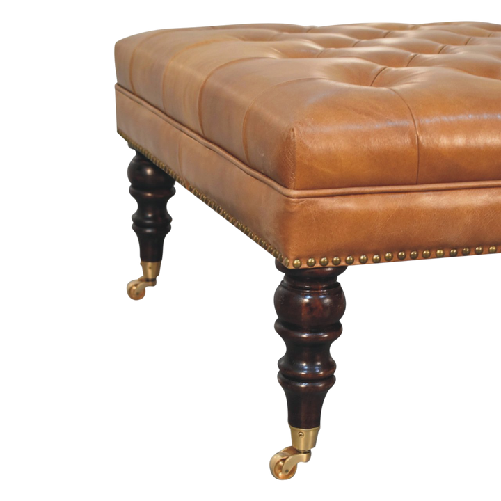 Sussex Studded Leather Ottoman in Blonde Saddle, side view showing the depth.