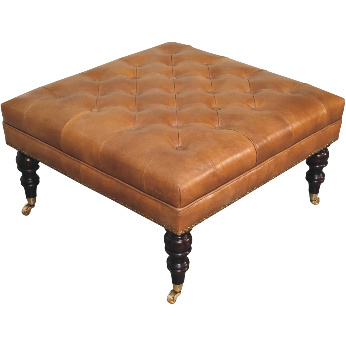 Sussex Studded Leather Ottoman in Blonde Saddle, shown from above at an angle.
