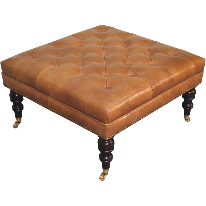Sussex Studded Leather Ottoman in Blonde Saddle, shown from above at an angle.