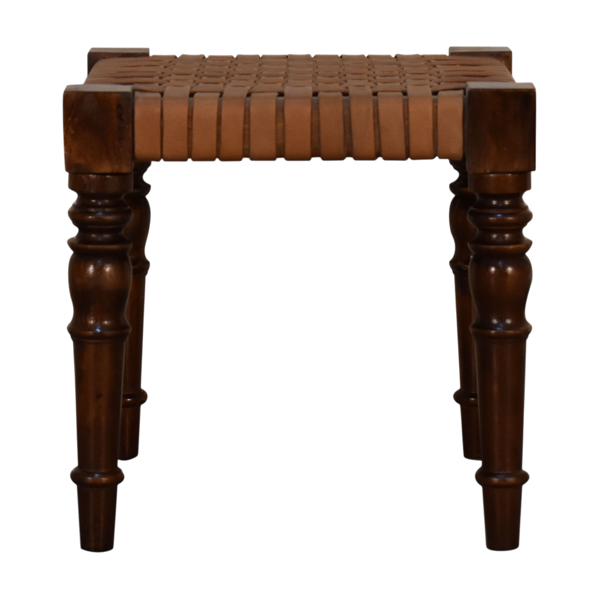 Sussex Woven Leather Footstool in Chestnut, front view. Woven leather top in a 100% solid hardwood frame finished in chestnut.