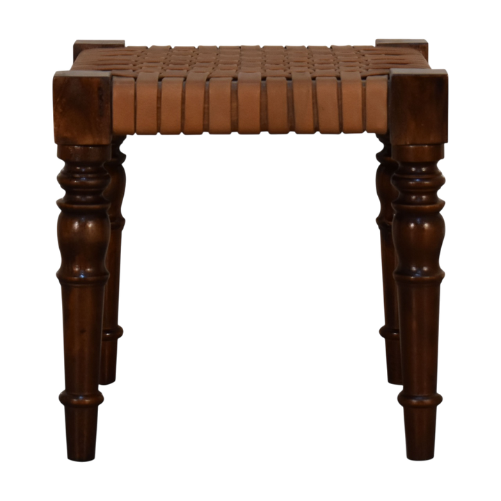 Sussex Woven Leather Footstool in Chestnut, front view. Woven leather top in a 100% solid hardwood frame finished in chestnut.
