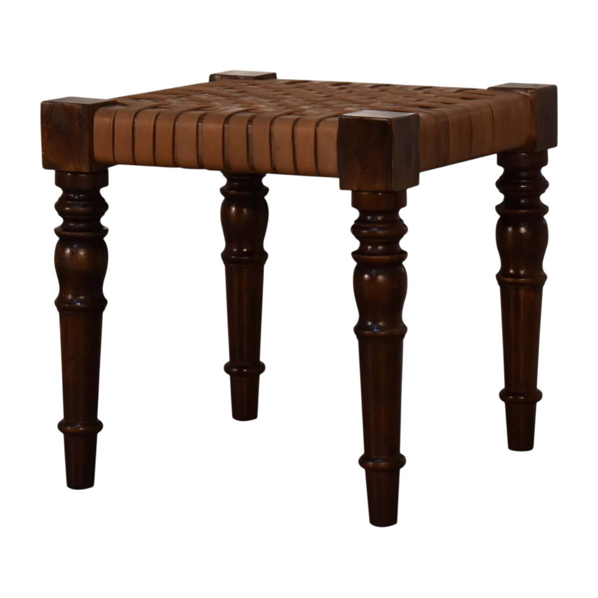 Sussex Woven Leather Footstool in Chestnut, three-quarter view showing the full profile.