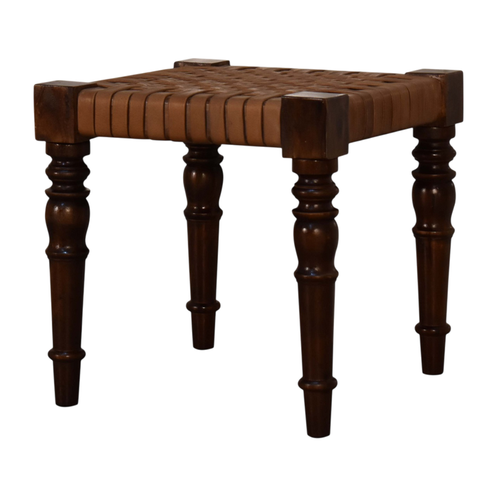 Sussex Woven Leather Footstool in Chestnut, three-quarter view showing the full profile.