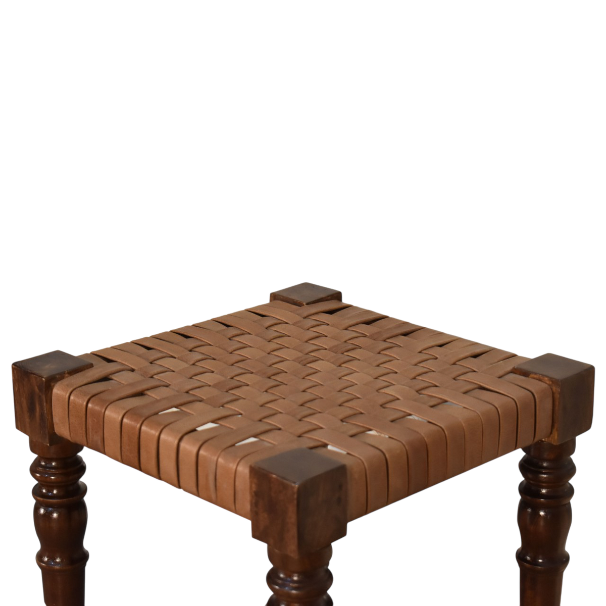 Sussex Woven Leather Footstool in Chestnut, shown from above.