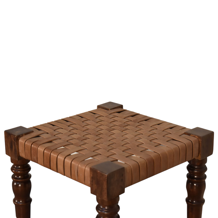 Sussex Woven Leather Footstool in Chestnut, shown from above.