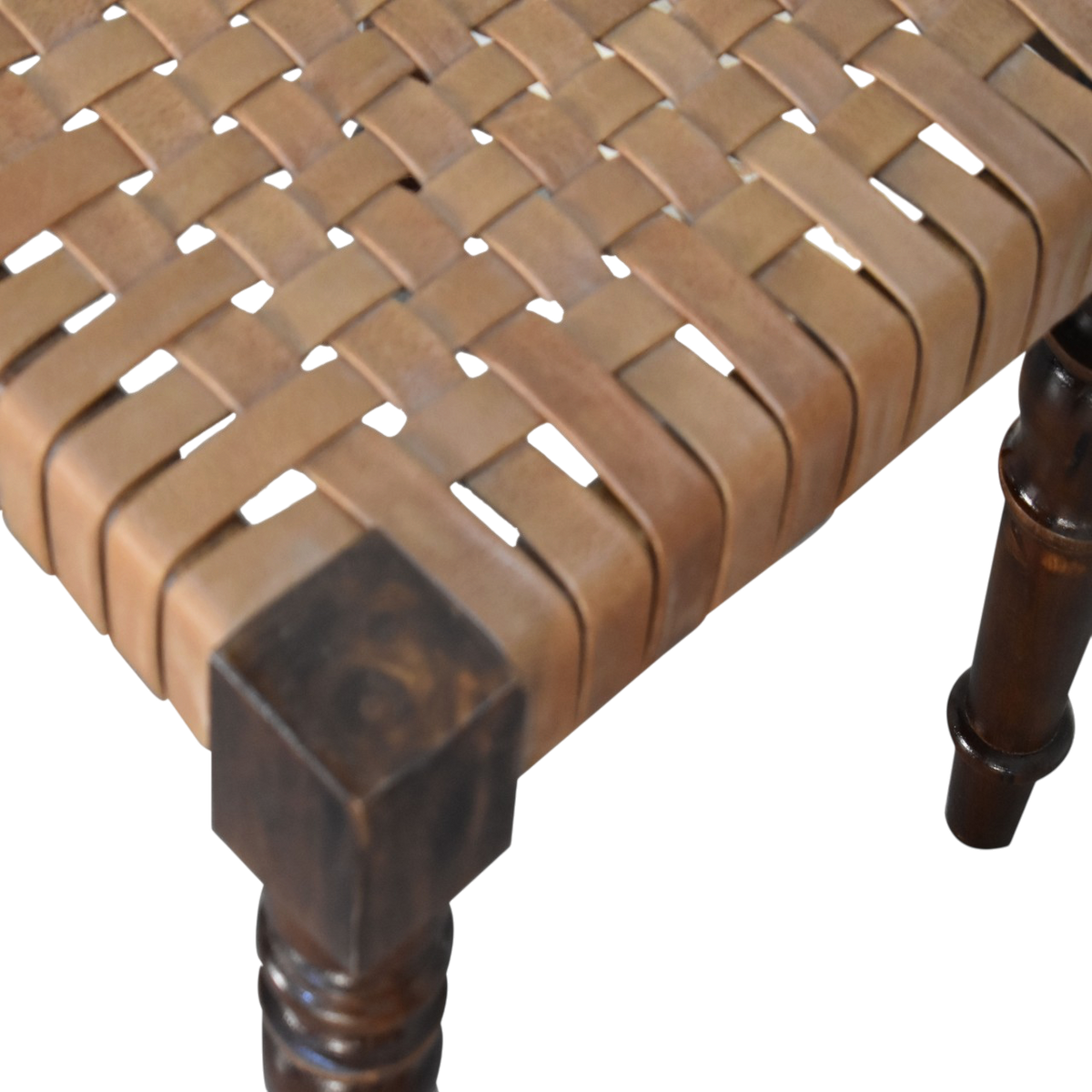 Close view of the weave on the Sussex Woven Leather Footstool in Chestnut.
