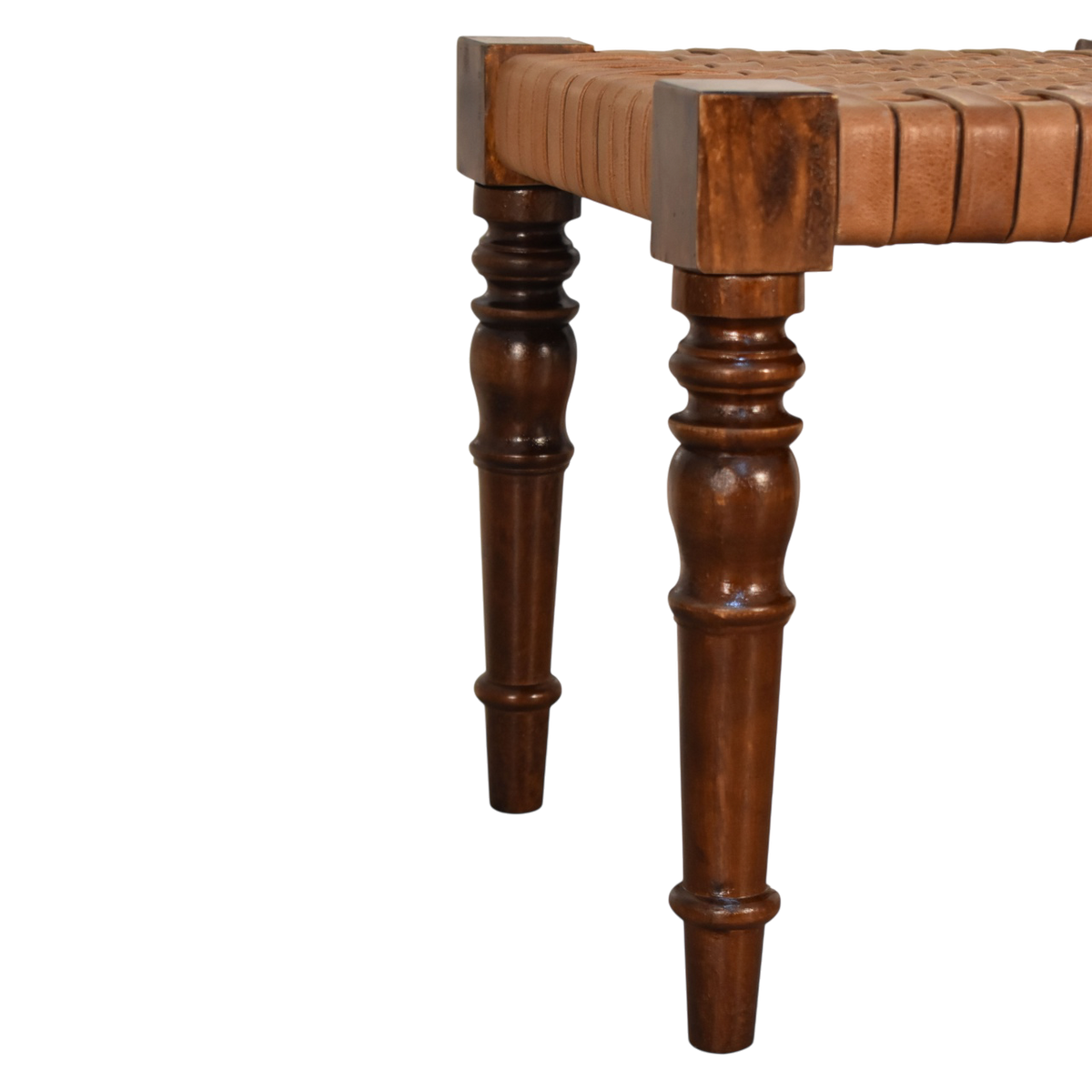 Close view of the legs on the Sussex Woven Leather Footstool in Chestnut.