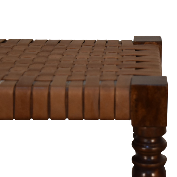 Close view of the seat on the Sussex Woven Leather Footstool in Chestnut.