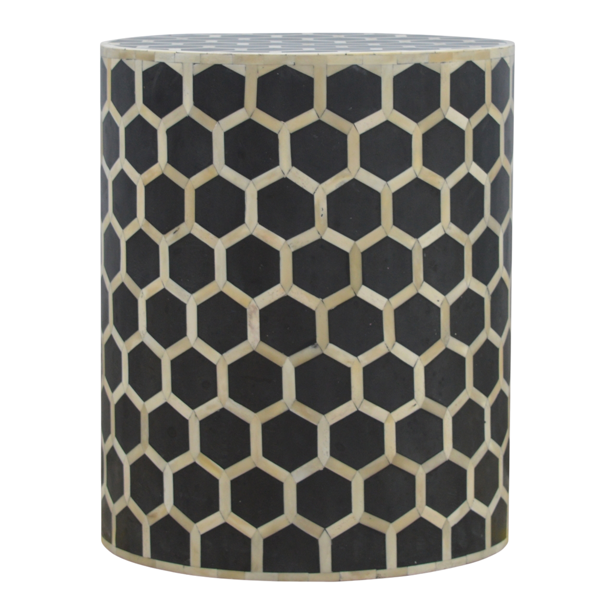 Tivoli Inlay Footstool in Charcoal, front view. Hand-cut inlay in a honeycomb lattice over a charcoal ground, solid hardwood cylindrical body.
