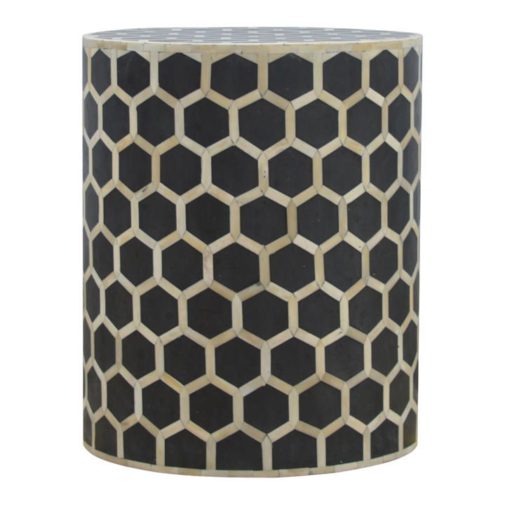 Tivoli Inlay Footstool in Charcoal, front view. Hand-cut inlay in a honeycomb lattice over a charcoal ground, solid hardwood cylindrical body.