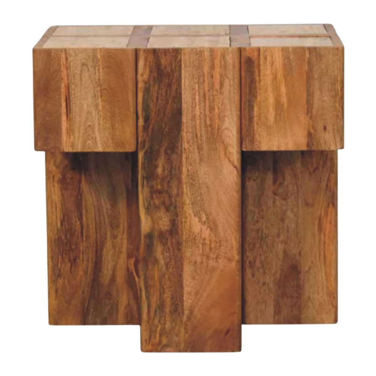 Tivoli Travertine Block Side Table in Amber, front view. Solid hardwood in an amber finish, block base built from intersecting panels.