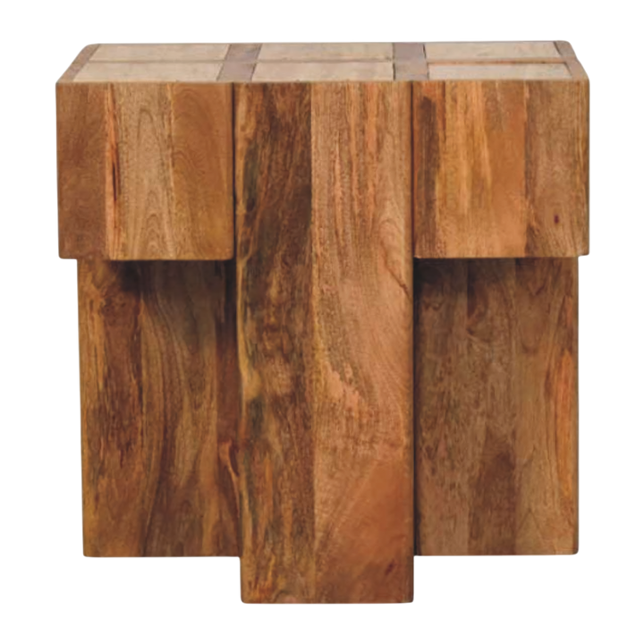 Tivoli Travertine Block Side Table in Amber, front view. Solid hardwood in an amber finish, block base built from intersecting panels.