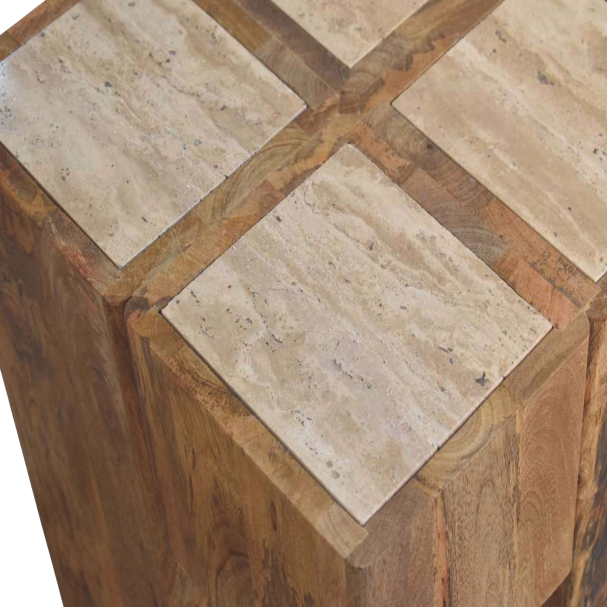 Close view of the top on the Tivoli Travertine Block Side Table in Amber.