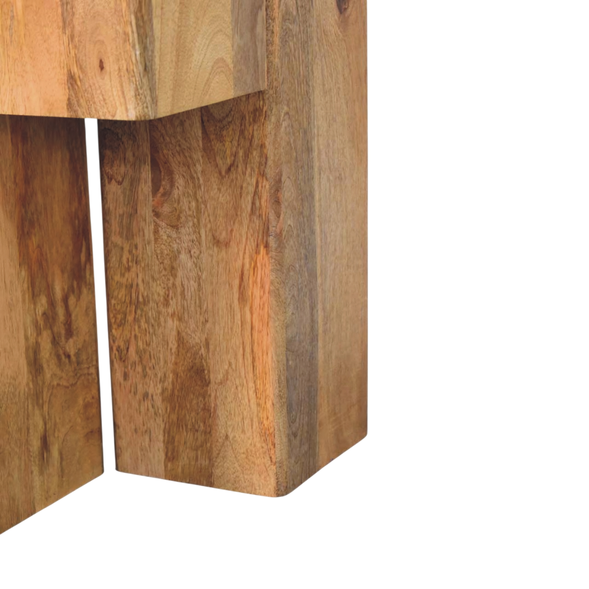Close view of the base on the Tivoli Travertine Block Side Table in Amber.