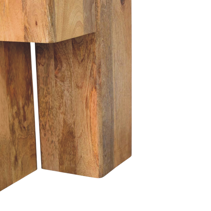 Close view of the base on the Tivoli Travertine Block Side Table in Amber.