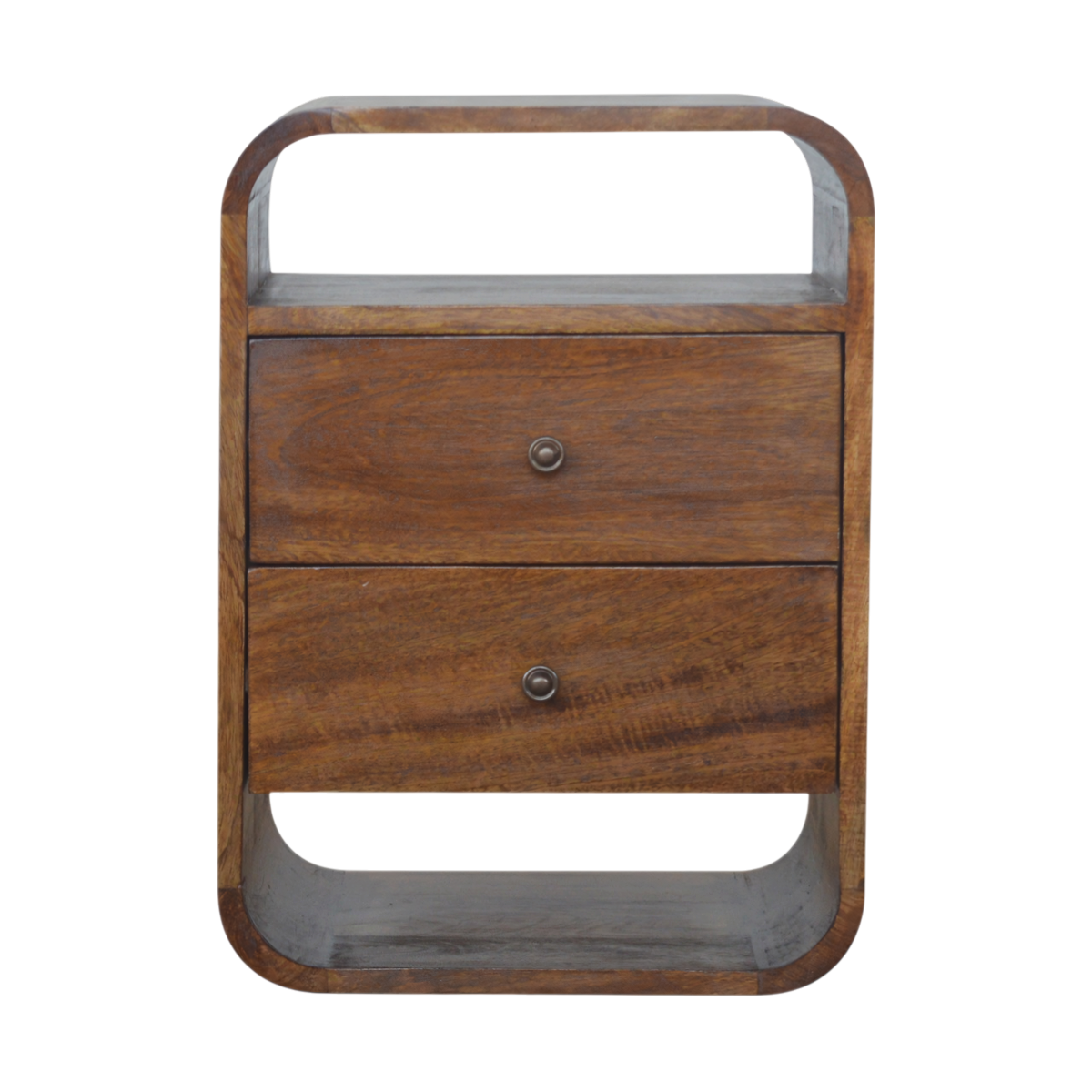 Trosa 2-Drawer Bedside Table in Chestnut, front view. Solid hardwood throughout, chestnut finish, rounded edges.