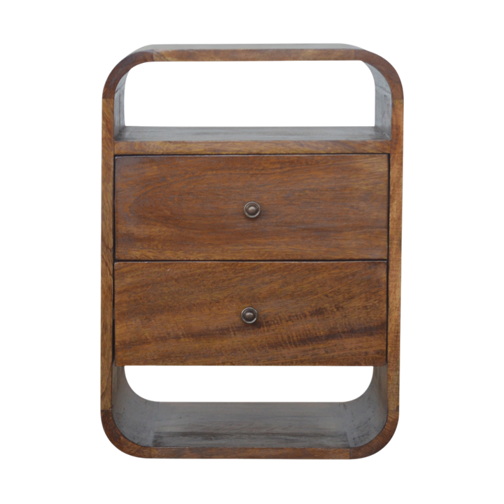 Trosa 2-Drawer Bedside Table in Chestnut, front view. Solid hardwood throughout, chestnut finish, rounded edges.