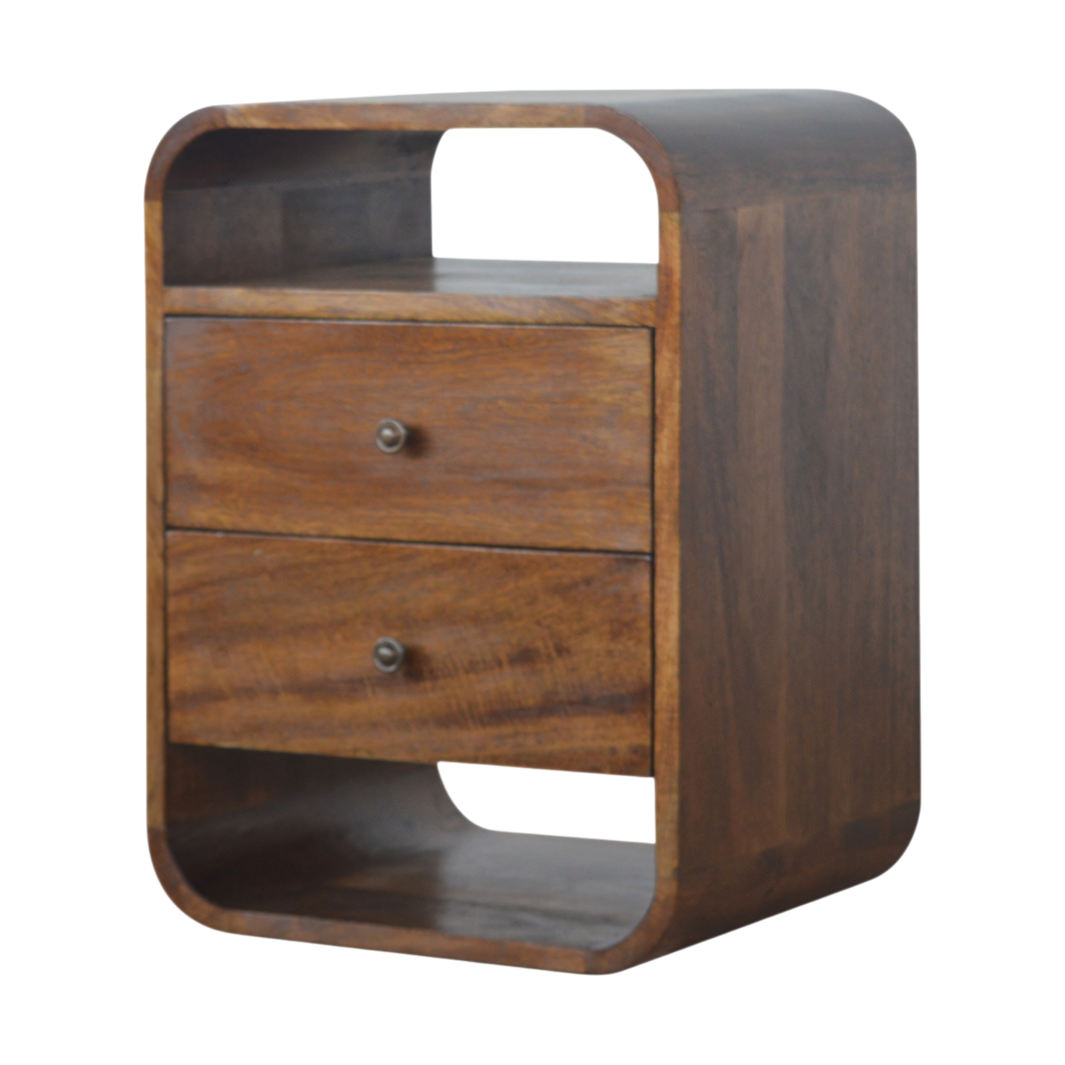 Trosa 2-Drawer Bedside Table in Chestnut, three-quarter view showing the full profile.