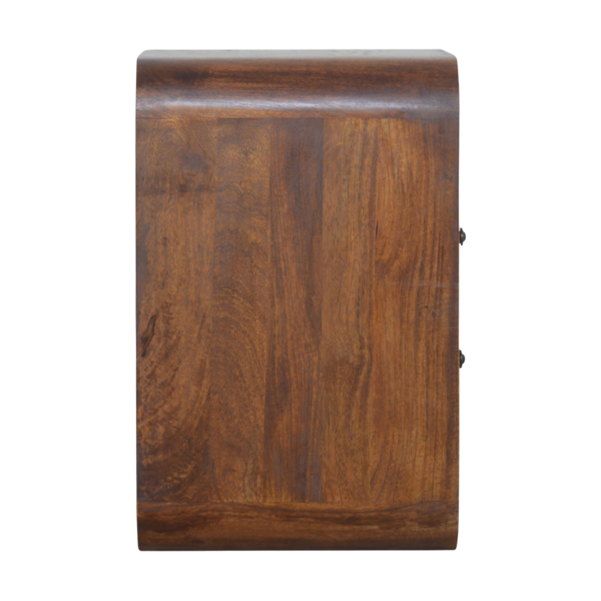 Trosa 2-Drawer Bedside Table in Chestnut, side view showing the depth.