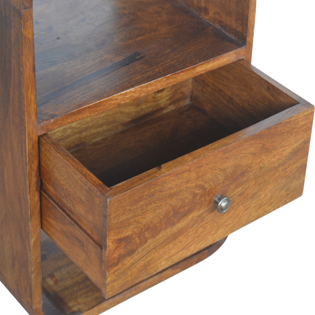 Trosa 2-Drawer Bedside Table in Chestnut, shown with a drawer open.