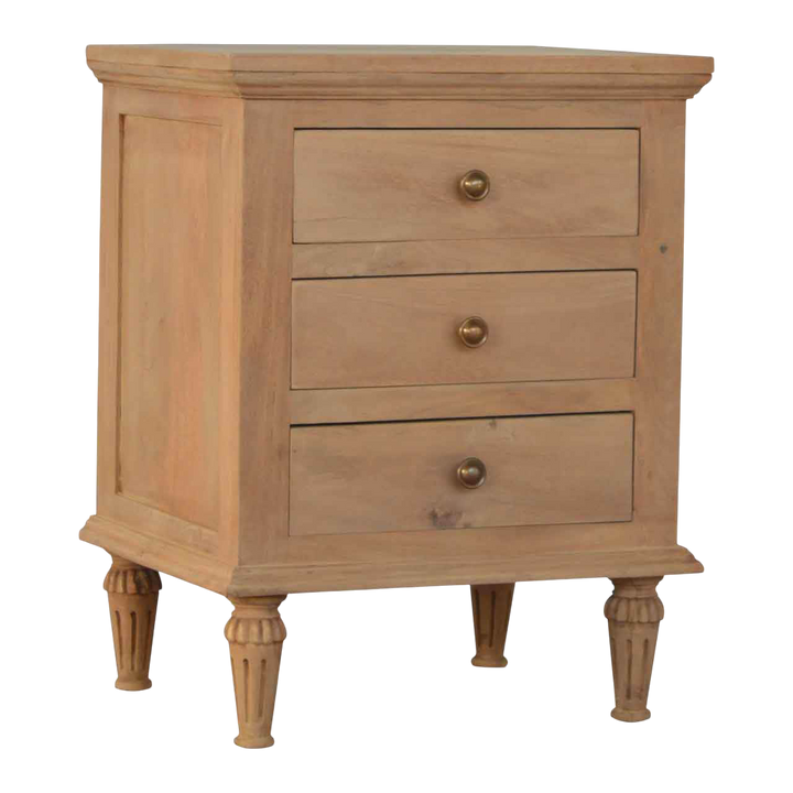 Trosa Bedside Table in Almond, three-quarter view showing the full profile.