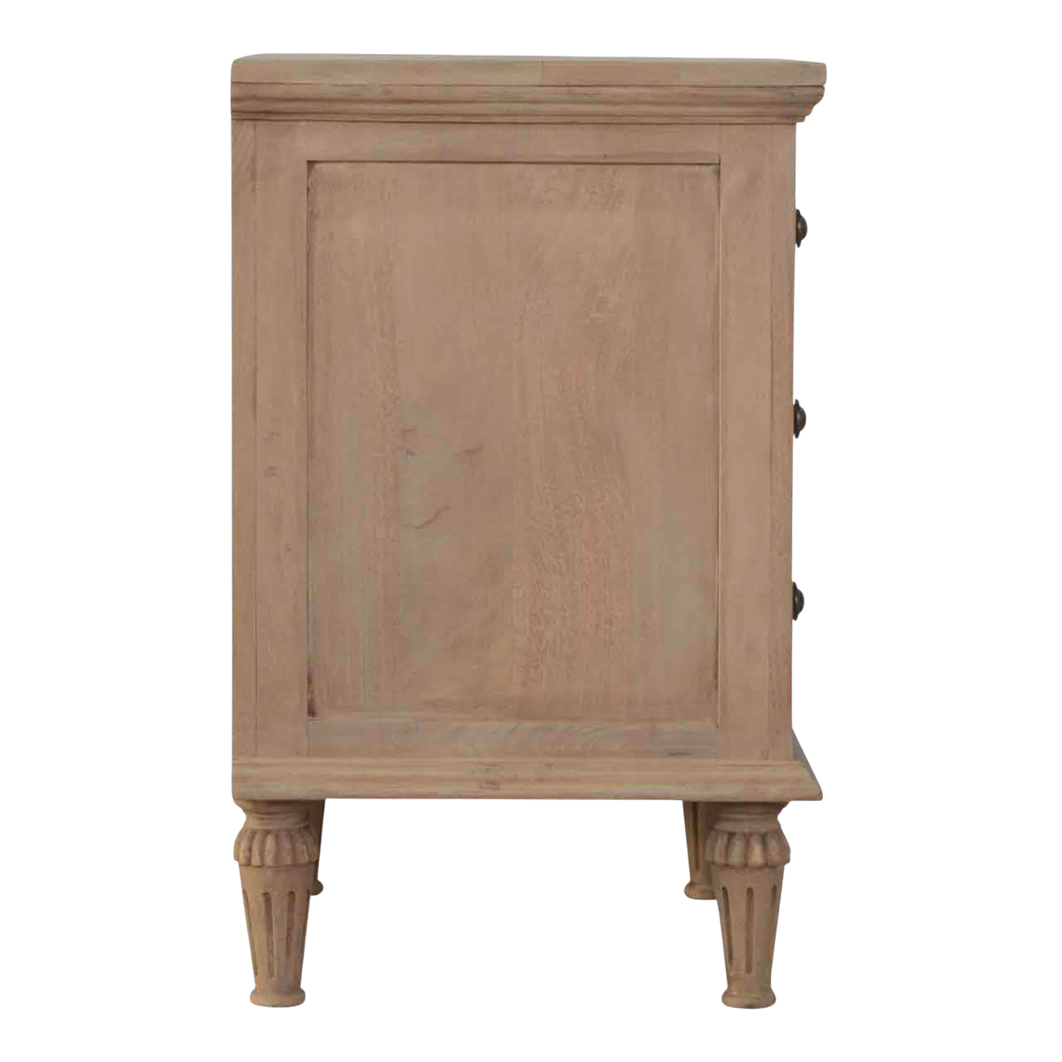 Trosa Bedside Table in Almond, side view showing the depth.