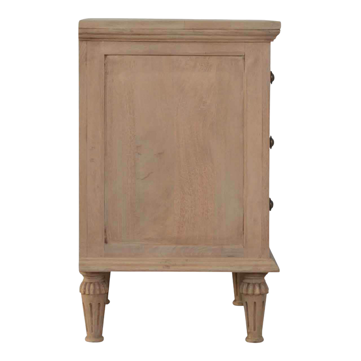 Trosa Bedside Table in Almond, side view showing the depth.