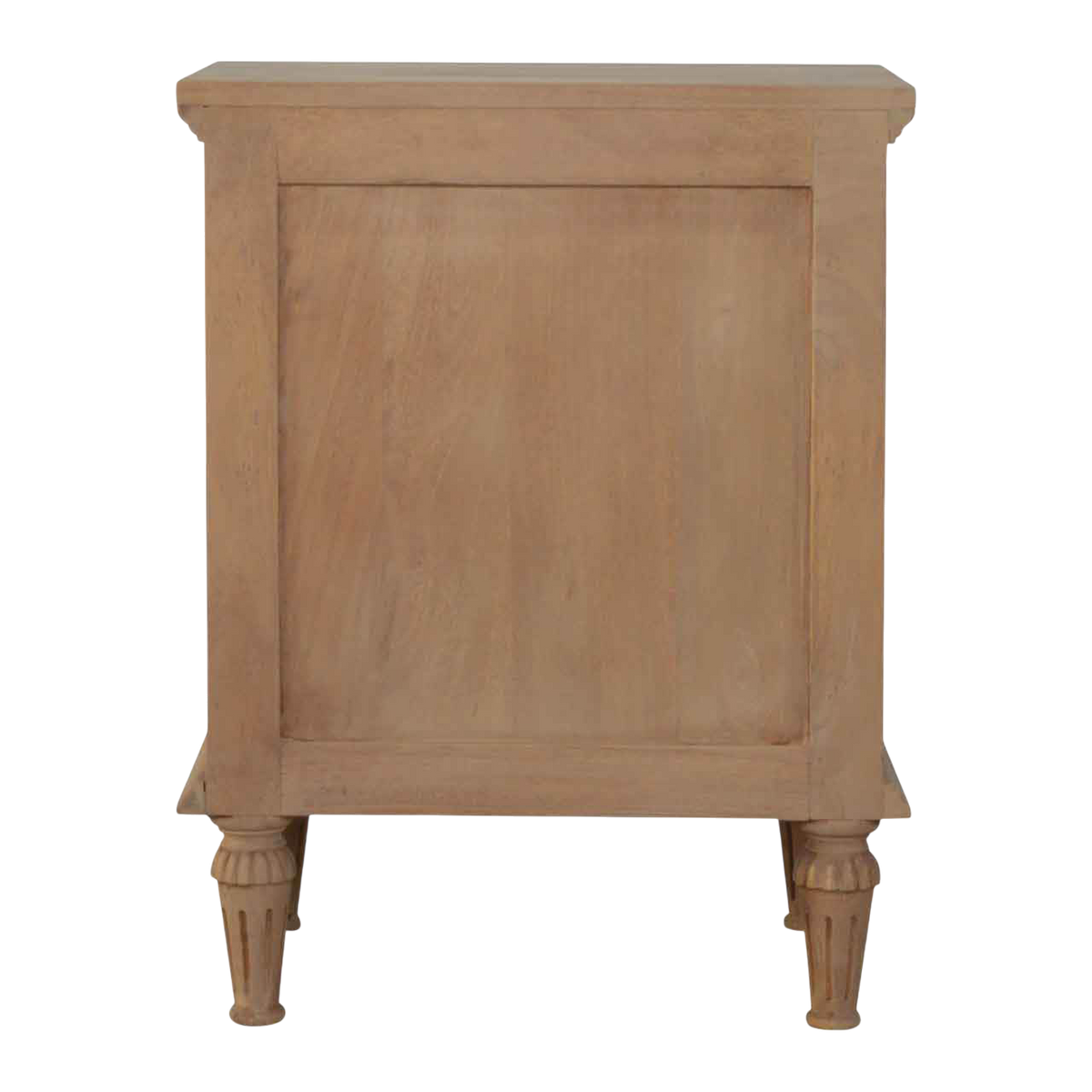 Trosa Bedside Table in Almond, viewed from the back.