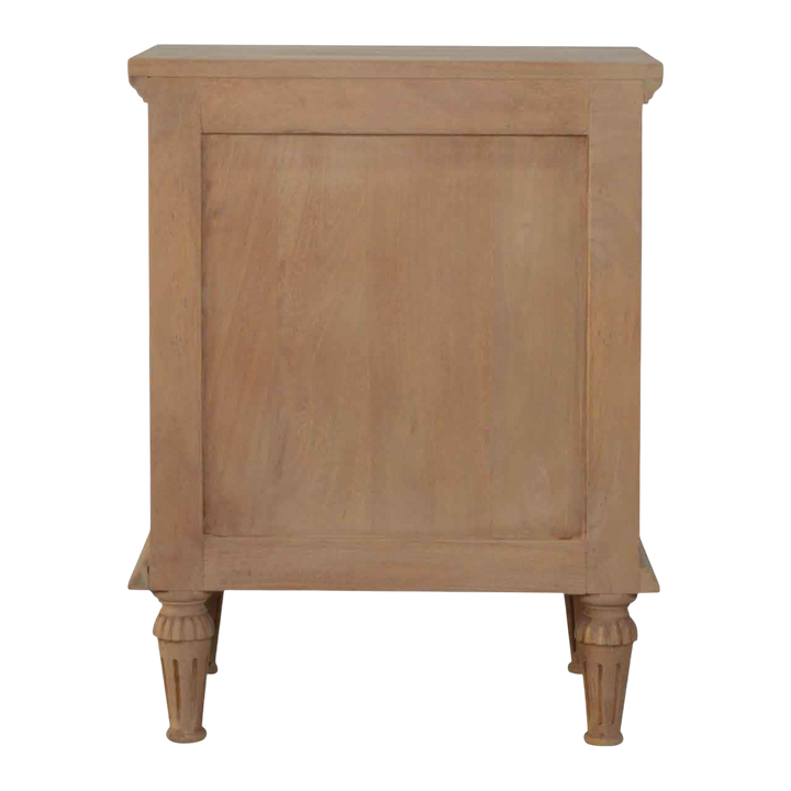 Trosa Bedside Table in Almond, viewed from the back.