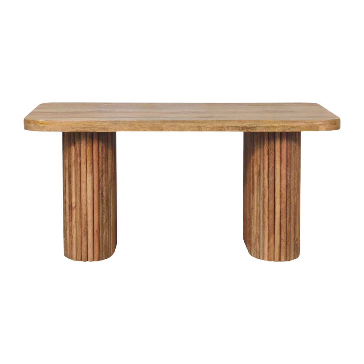 Trosa Block Bench in Amber, front view. 100% solid hardwood in a natural amber finish, thick top, four square block legs.