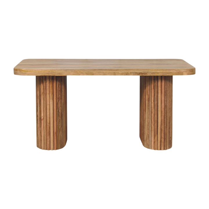 Trosa Block Bench in Amber, front view. 100% solid hardwood in a natural amber finish, thick top, four square block legs.