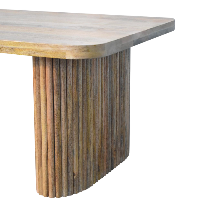 Close view of the base on the Trosa Block Bench in Amber.