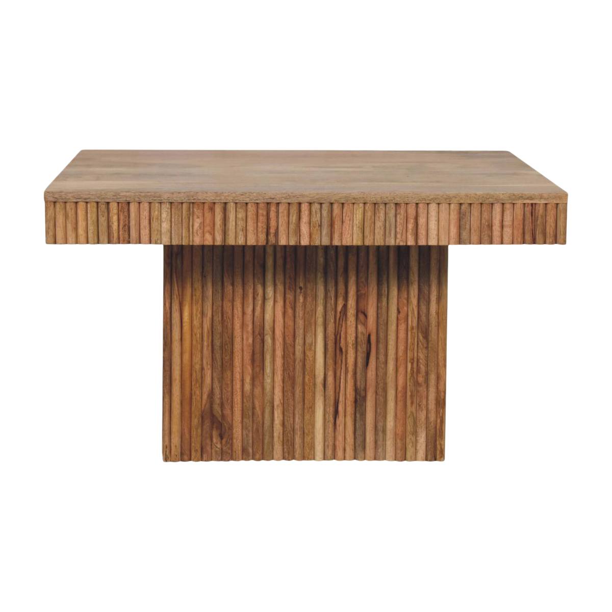 Trosa Block Coffee Table in Amber, front view. 100% solid hardwood in a natural amber finish, thick stepped and ridged base, square top.